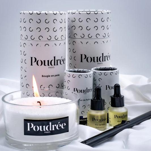 Coffret – Bougie parfumée, Élixir, Récipient, Briquet et Éteignoir – Poudrée Paris