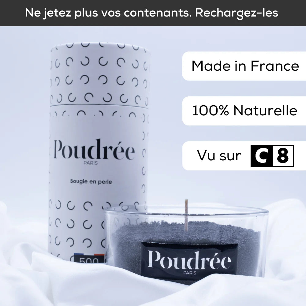 Bougie en perles de cire – Rechargeable & personnalisable – Poudrée Paris – 500g