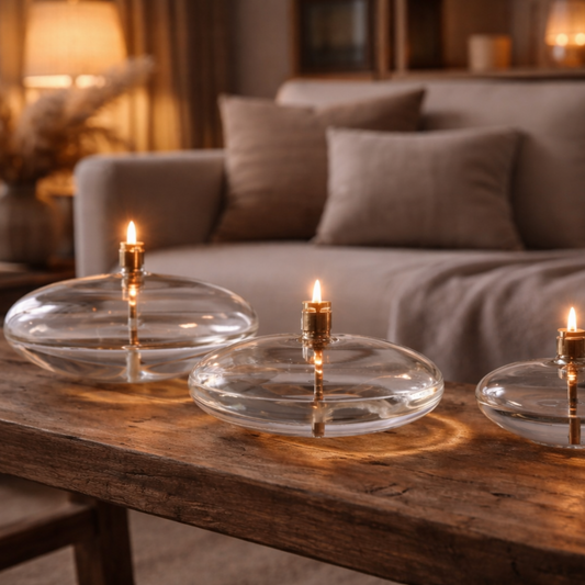 photo des trois lampes à huile en forme de disque sur une table basse